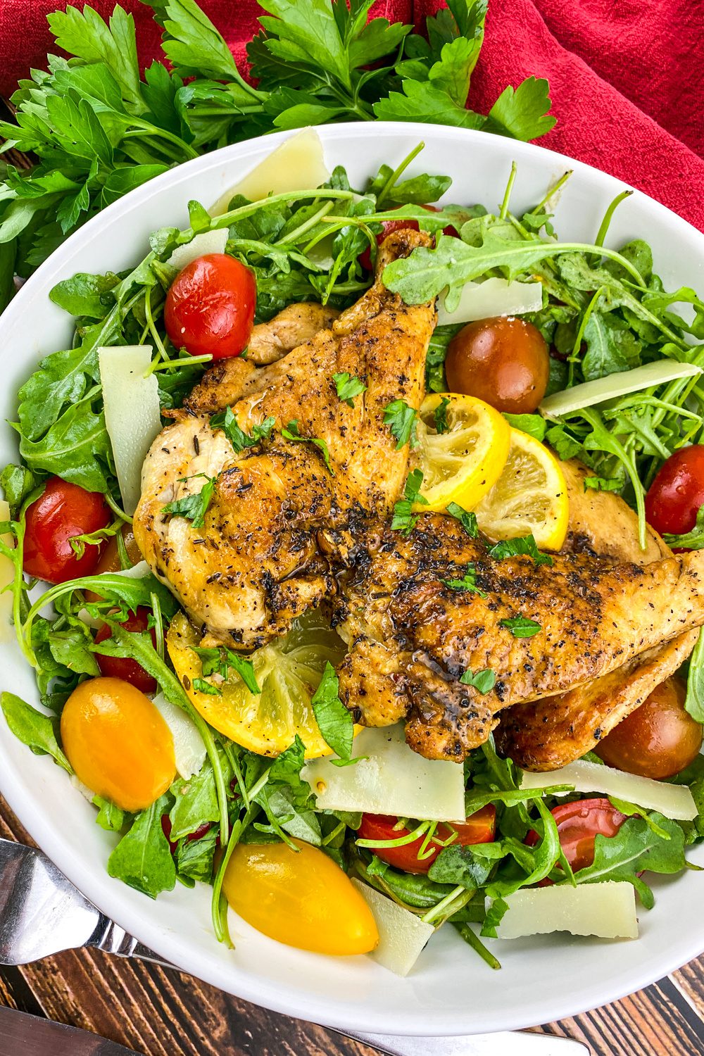 Grilled chicken salad with tomatoes and shaved parmesan with a lemon vinaigrette