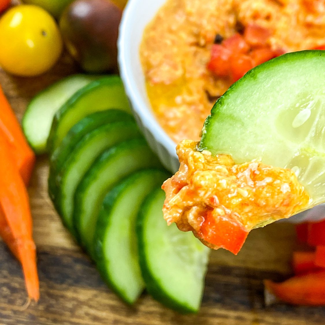 Spicy feta dip on a cucumber