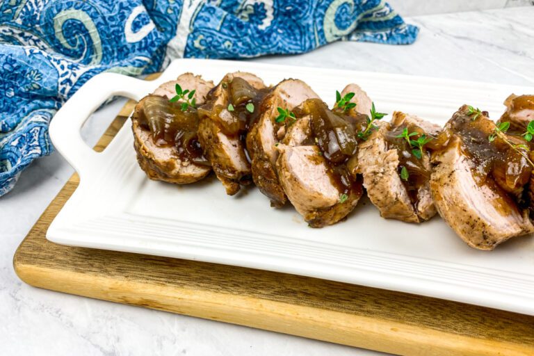 Sliced balsamic pork tenderloin with glossy sauce