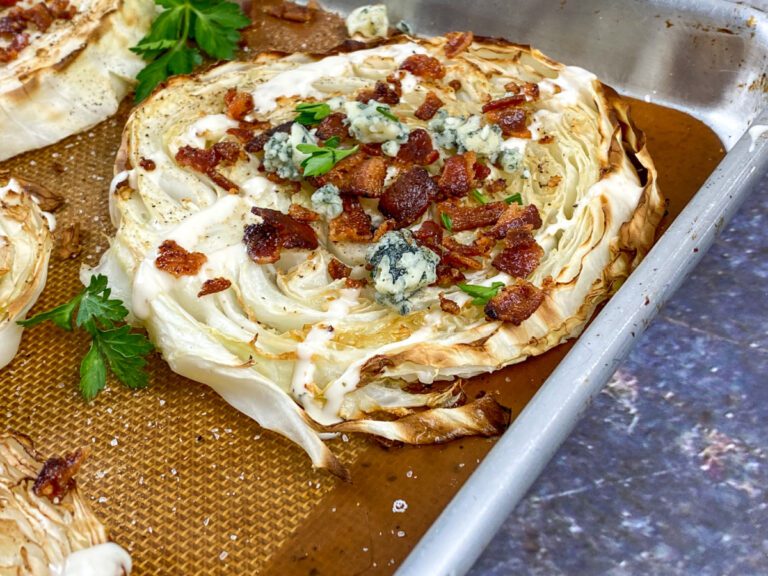 Roasted Loaded Cabbage Steaks with bacon & blue cheese