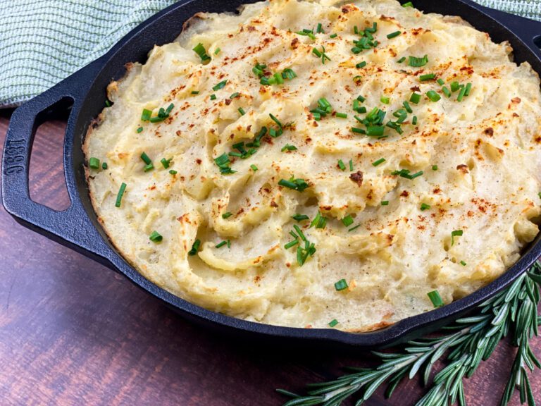 Shepherd's Pie (or cottage pie) in a cast iron pan