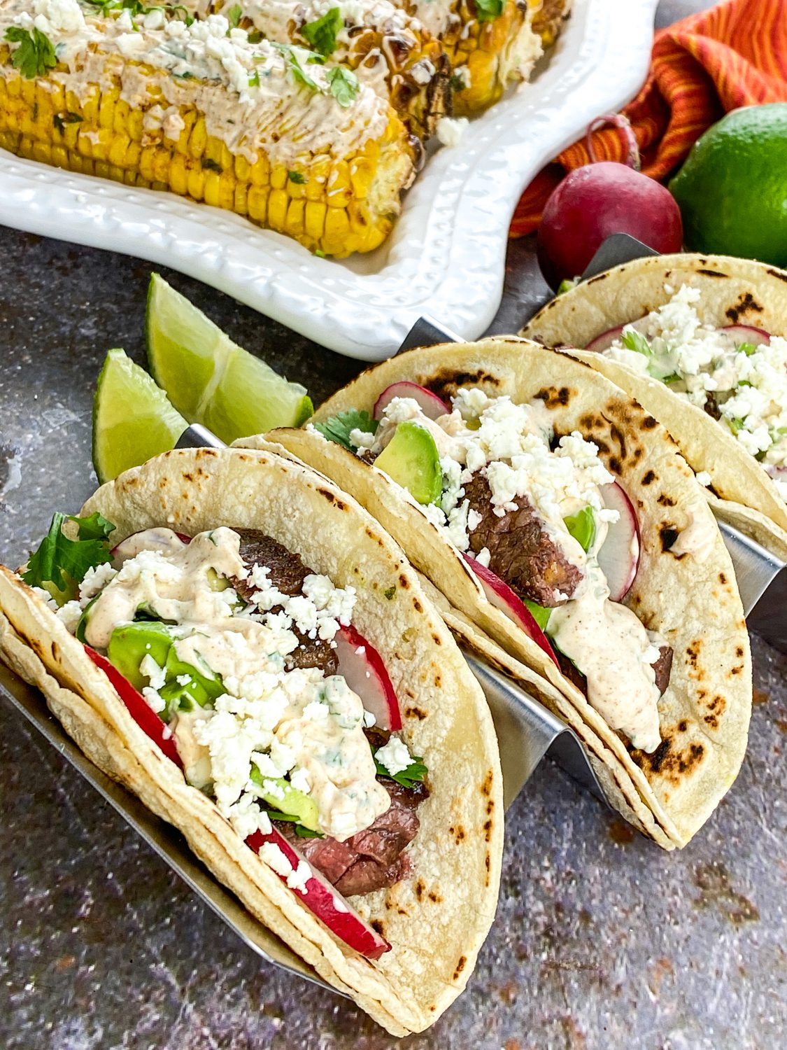 Street style steak tacos with creamy lime cilantro crema