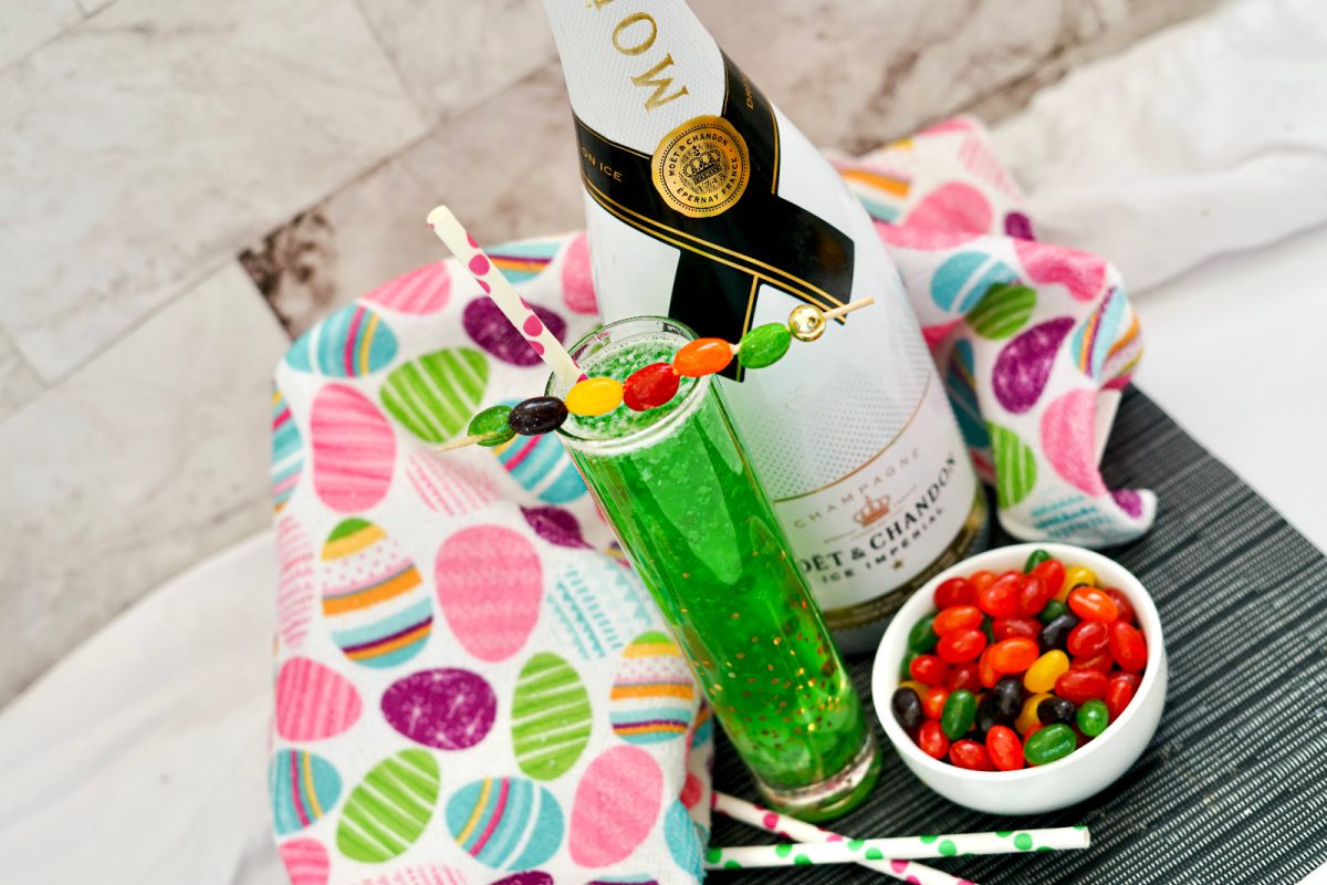 Colorful jellybean mimosas in champagne flutes