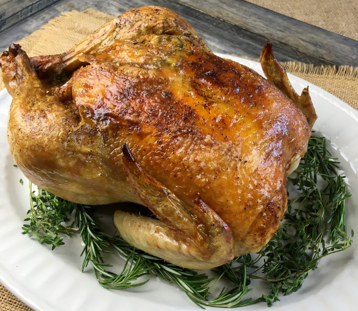 Whole roasted chicken with golden crispy skin