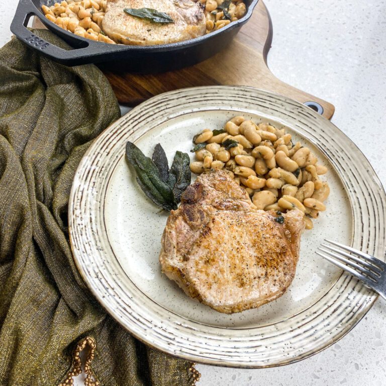 Tuscan Pork Chops with White Beans and Crispy Sage