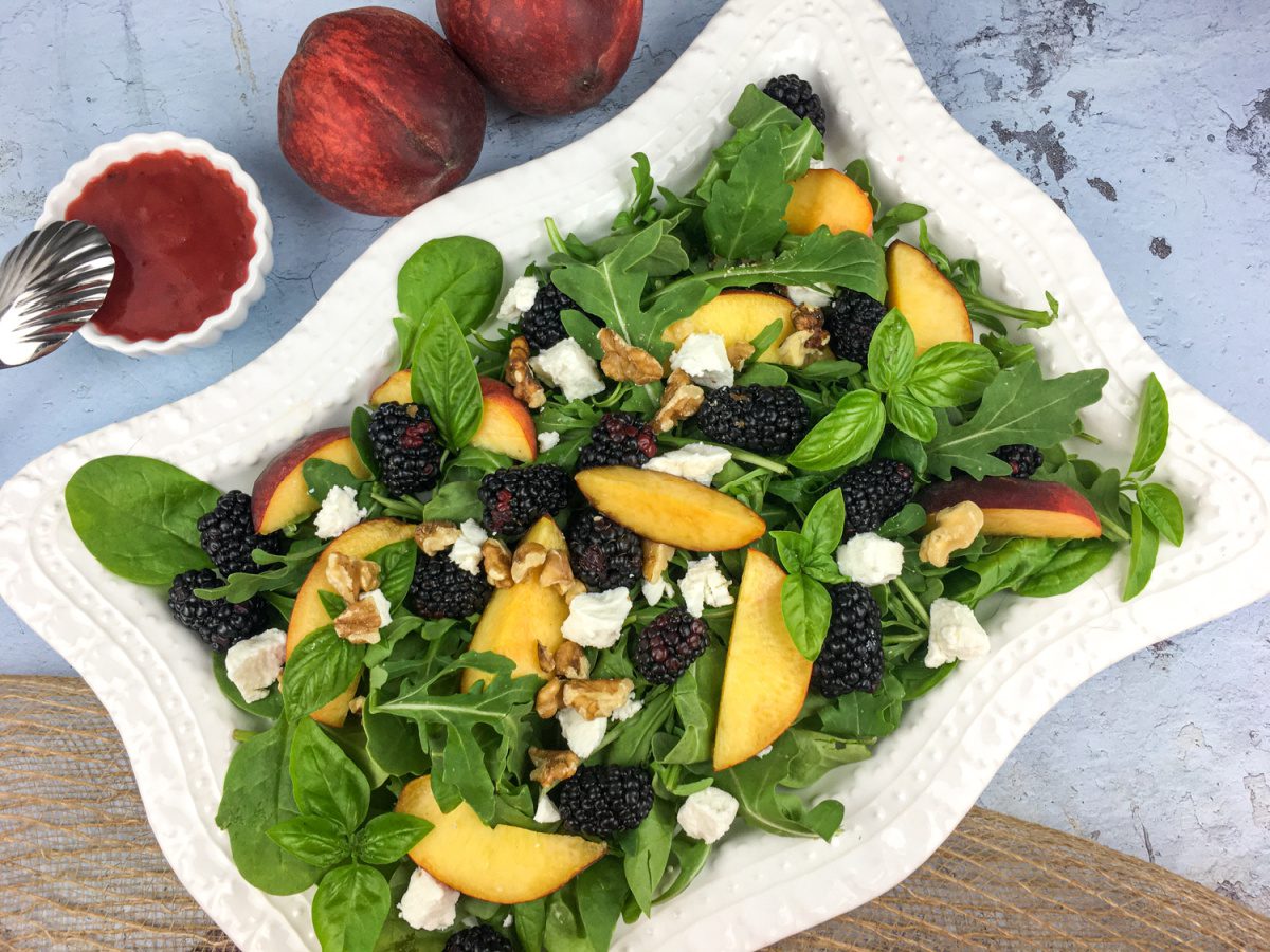 Peach Blackberry Salad with Goat Cheese and Blackberry Basil Vinaigrette dressing