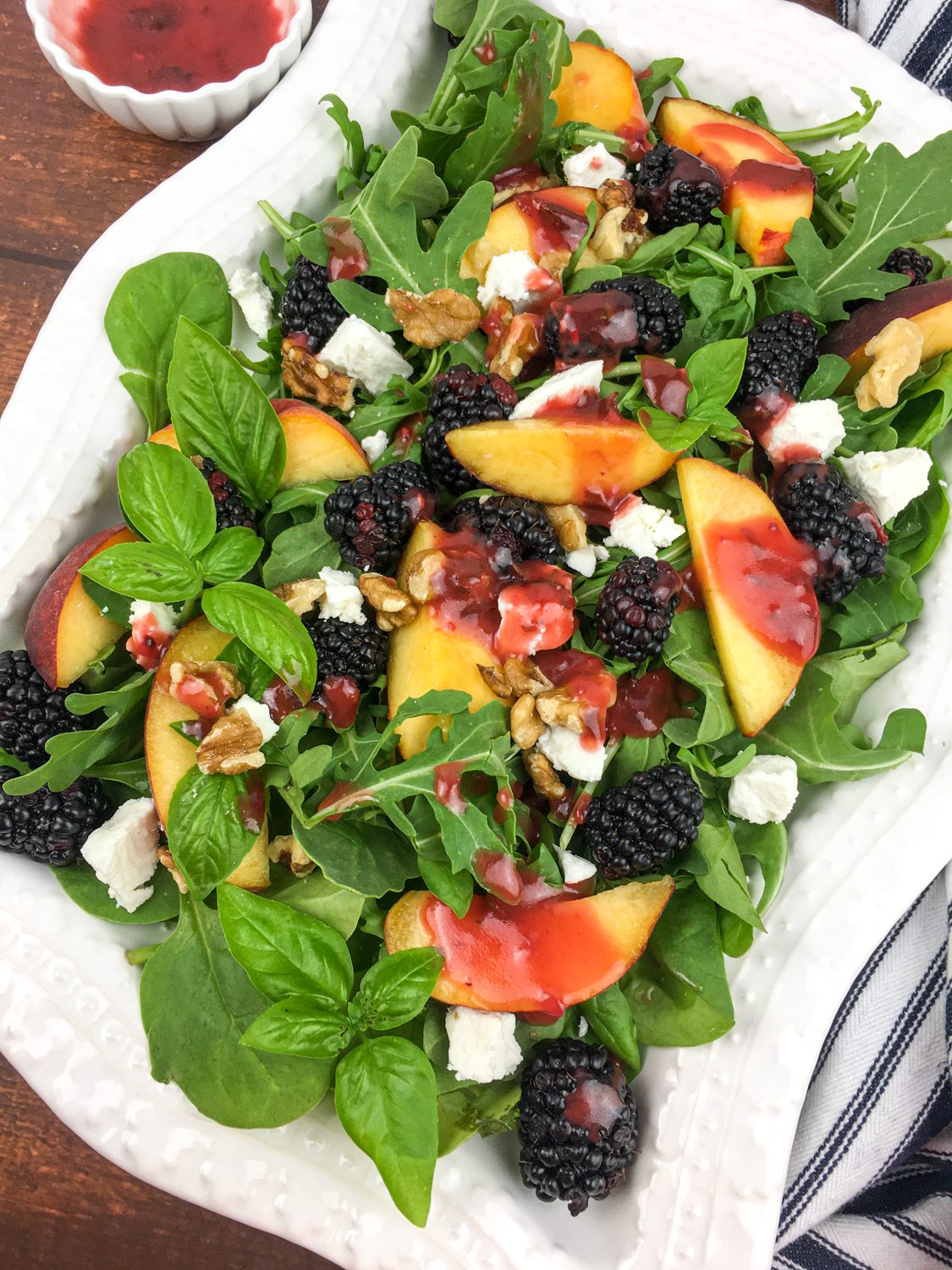 Peach Blackberry Salad with homemade Blackberry Basil Vinaigrette dressing